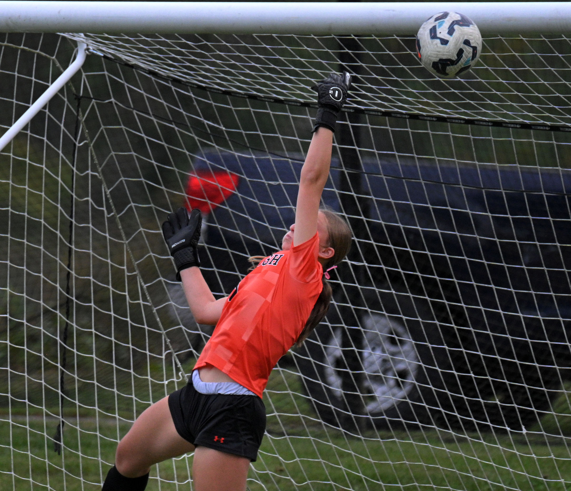 Mcdonogh goalie Vivian Biggs deflected a NDP shot to the...