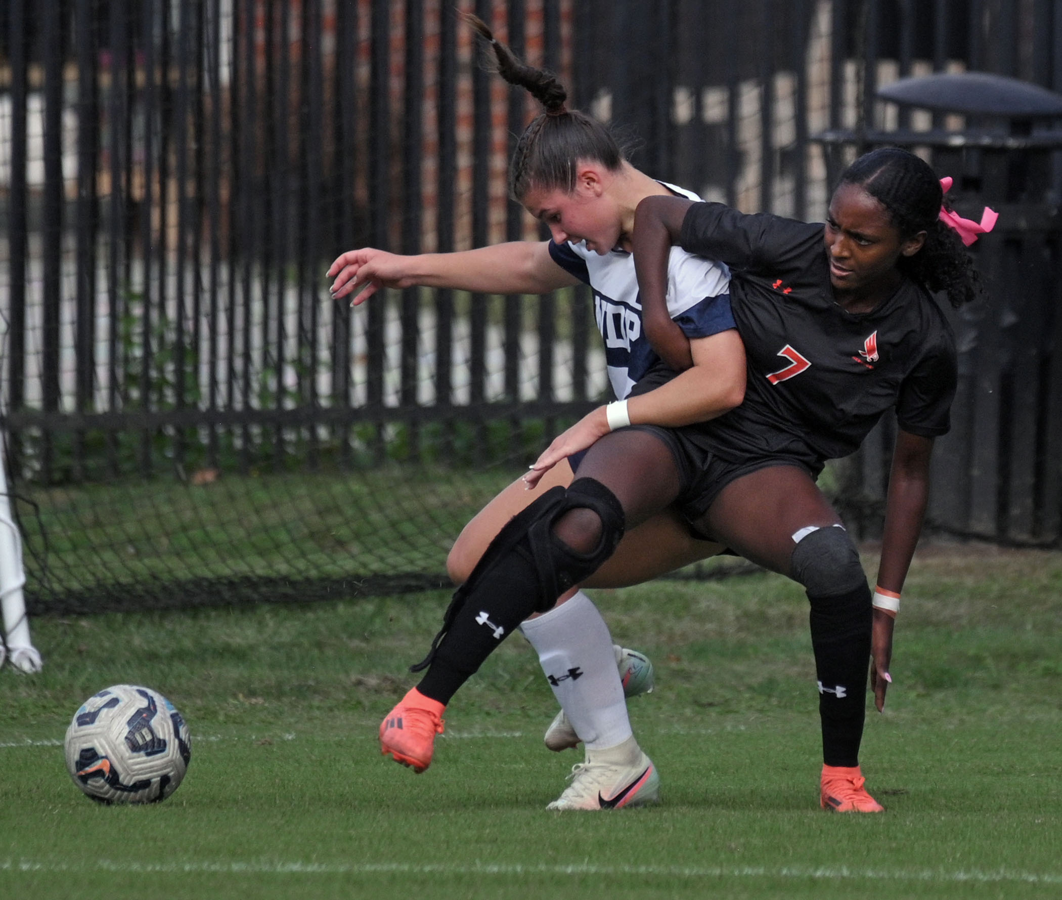 Mcdonogh’s Ava Sesay, right, battles against NDP’s Becca Blunt, left,...