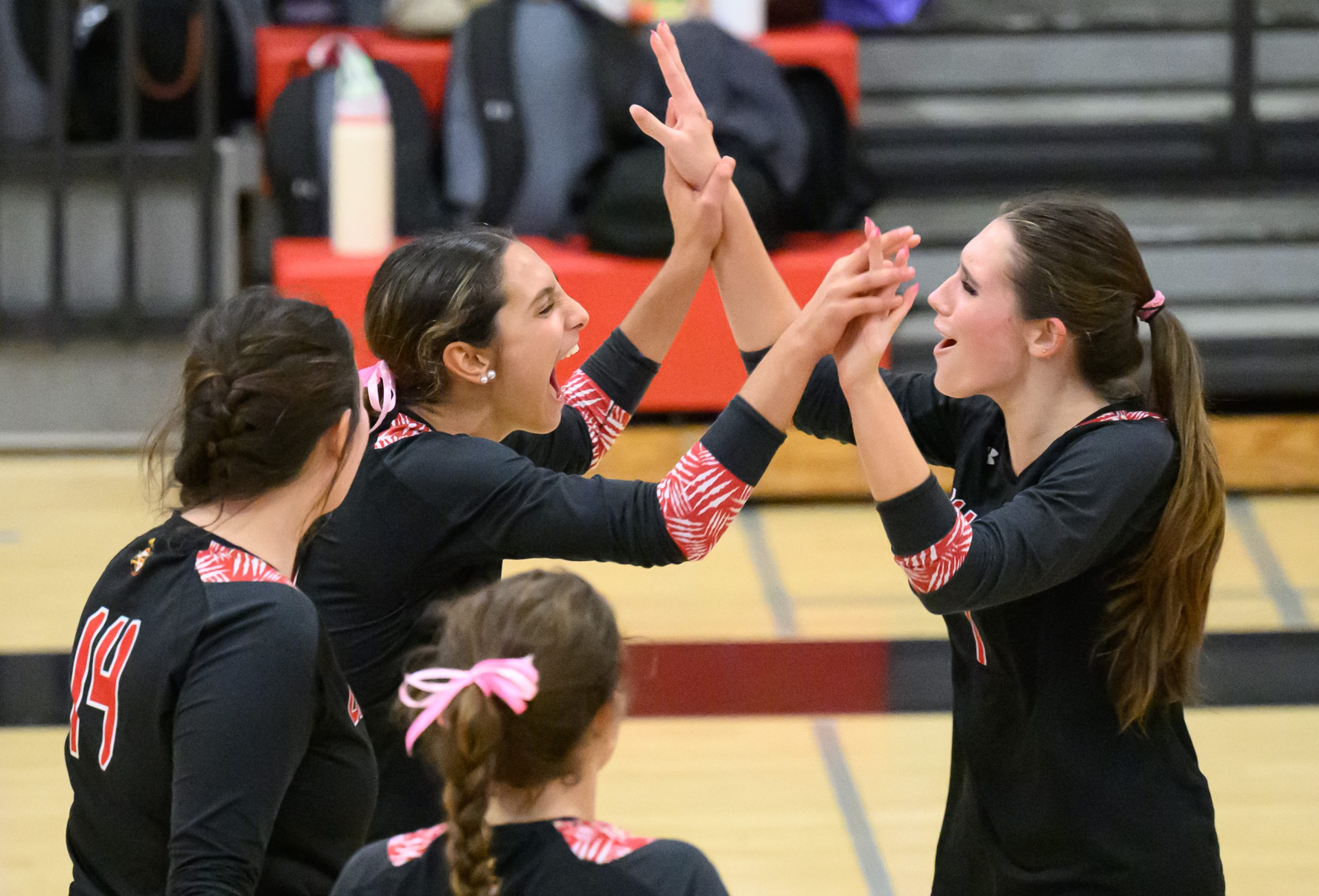 Dulaney’s Mia Koska, left, and Serafina Reckamp celebrate a point...