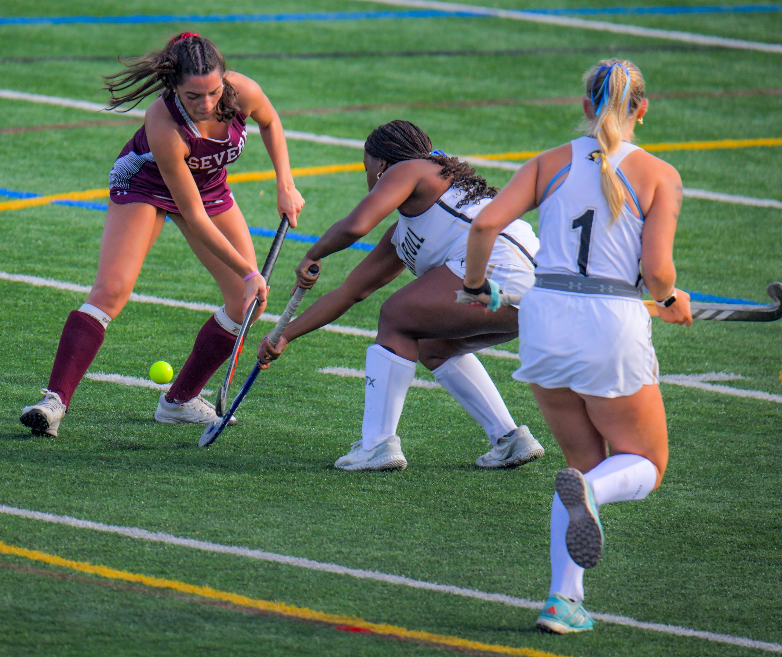 Severn Admiral Patriots forward Nora Pavon loses the ball inside...