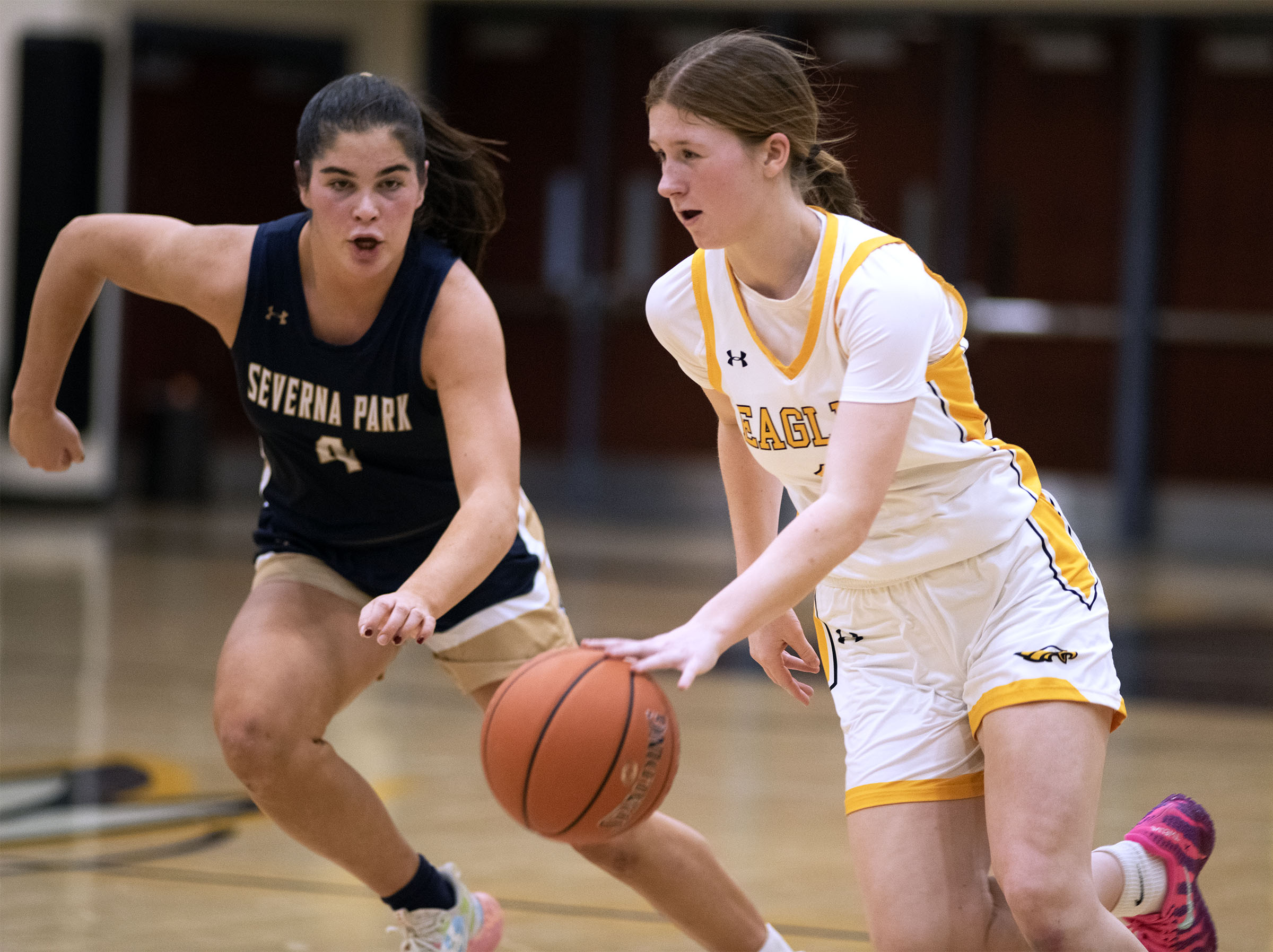 Northeast's Brynn Jones dribbles against Severna Park's Maria Bragg during...