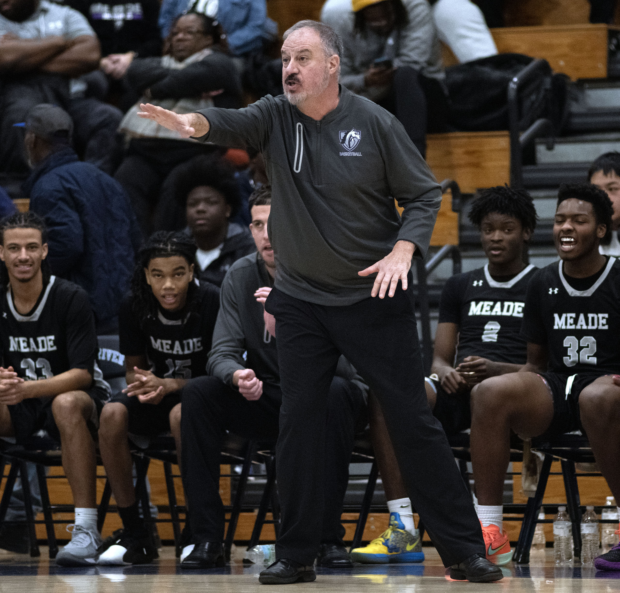 Jan. 16, 2026- Meade head coach Mike Glick coaches the...