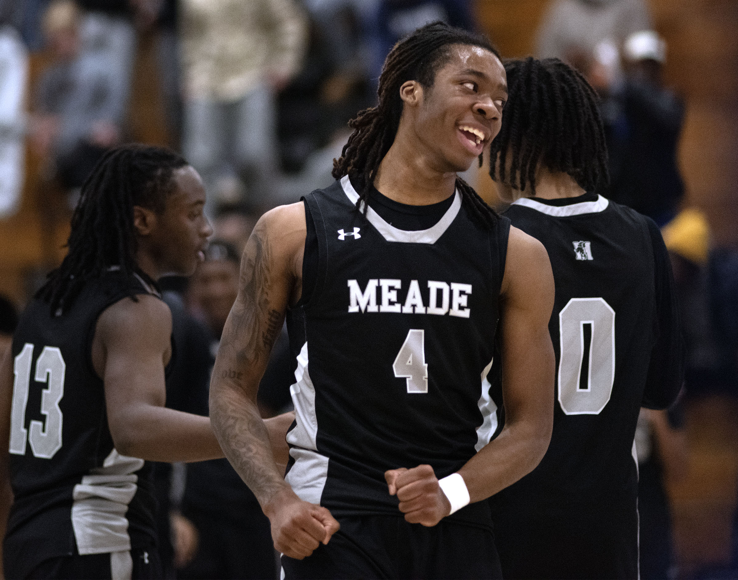 Jan. 16, 2026- Meade’s Ty’son Hill reacts after Meade beat...