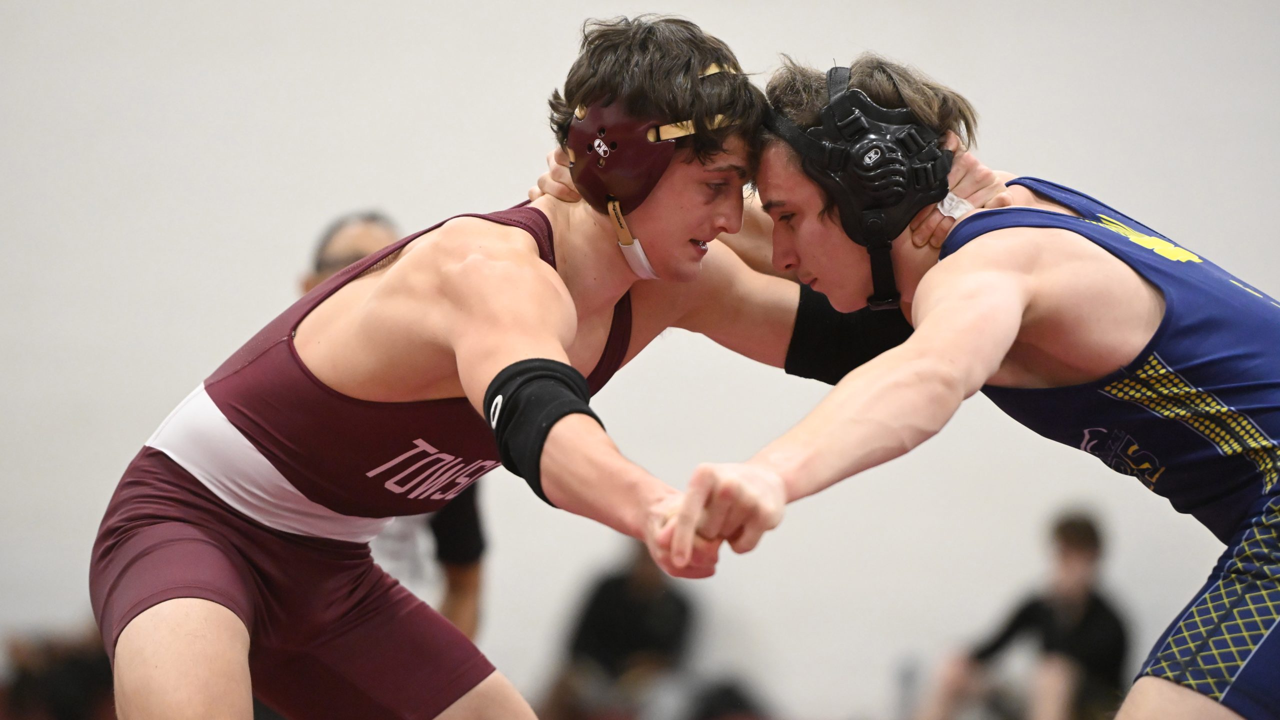 Towson's Korben Suskin, left, and Perry Hall's Trevor Scott battle...