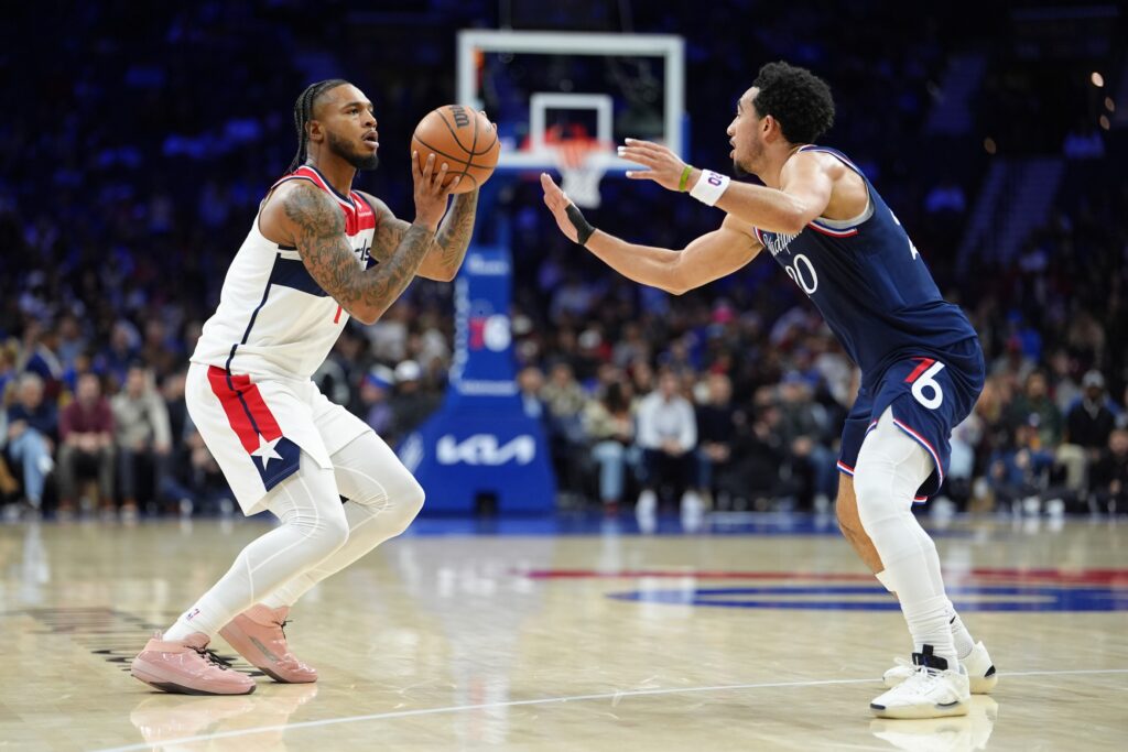  Washington Wizards forward Cam Whitmore (1) shoots the ball against Philadelphia 76ers guard Jared McCain (20) in the second quarter at Xfinity Mobile Arena.